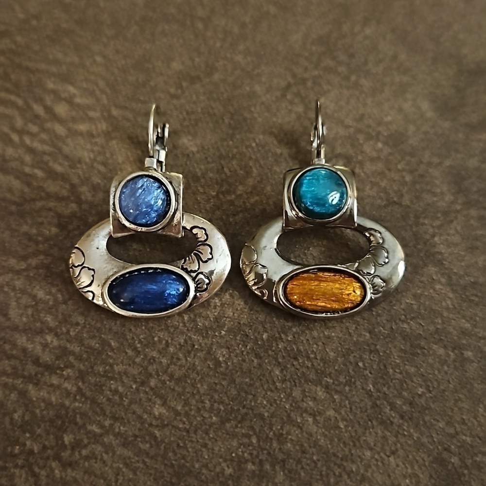 VTG Mismatched Oval Gem Mod Leverback Earrings - Picture 2 of 4